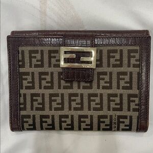 AUTH FENDI VINTAGE ZUCCA LOGO CANVAS & LEATHER BI-FOLD COMPACT WALLET PREOWNED